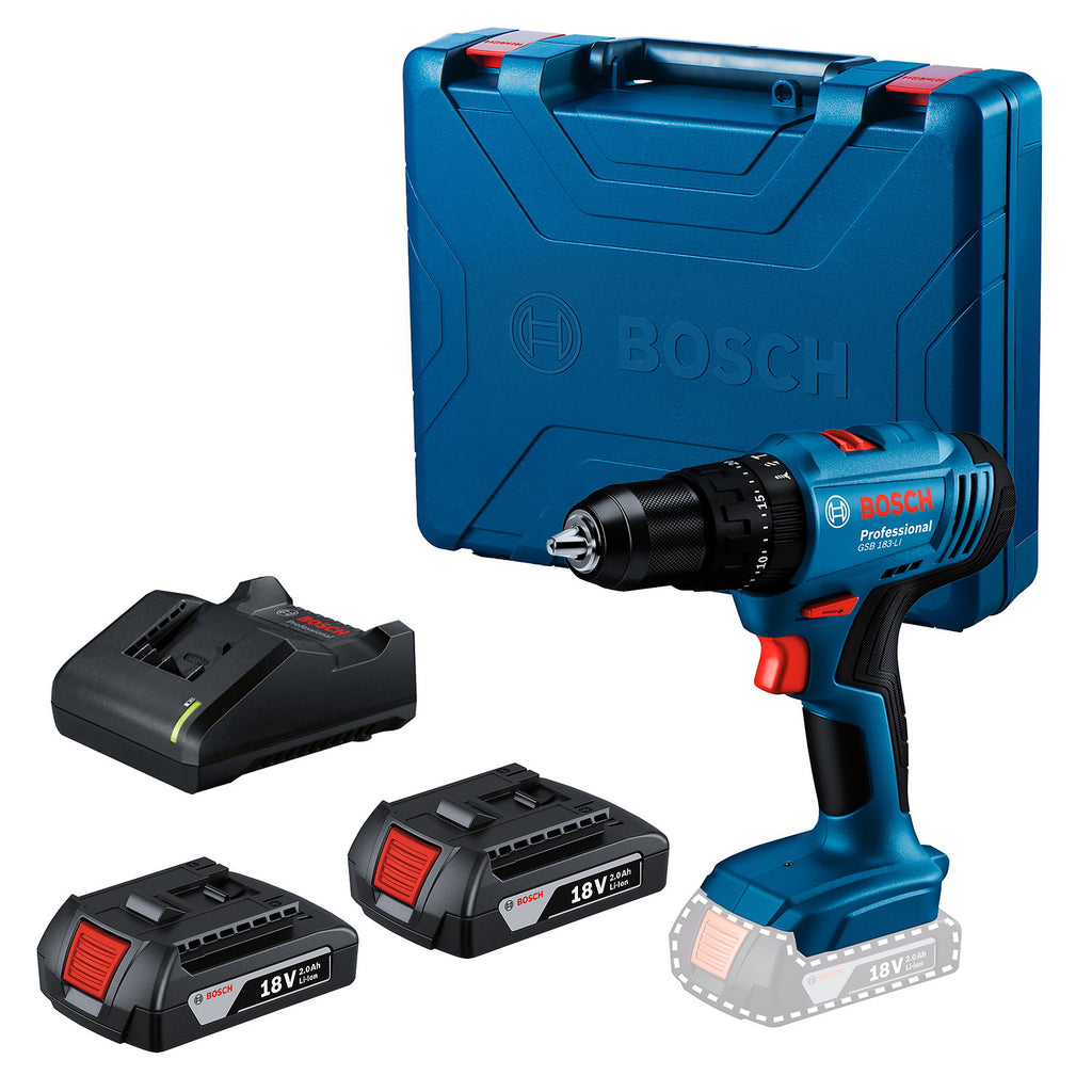 Taladro percutor inalámbrico Bosch GSB 183-LI 18 V con 2 baterías de 2 Ah y cargador — vista 1