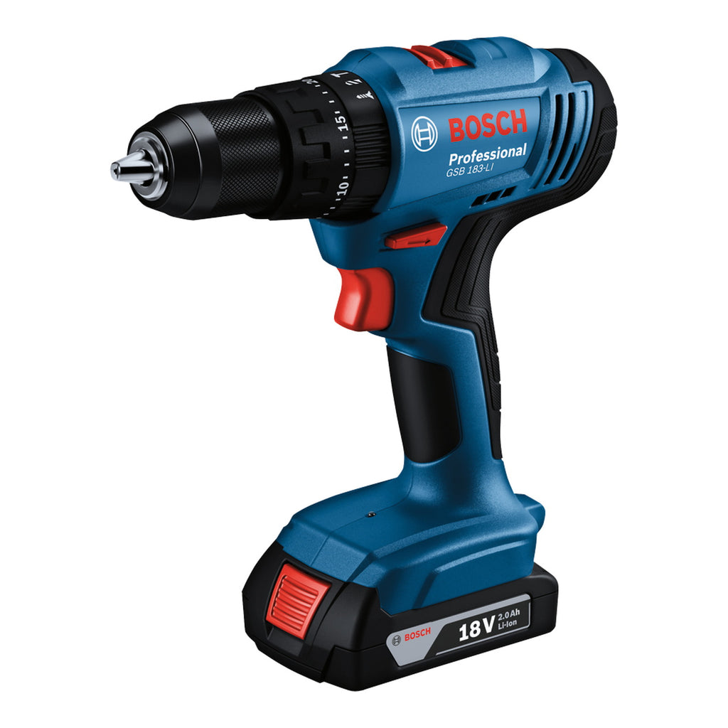 Taladro percutor inalámbrico Bosch GSB 183-LI 18 V con 2 baterías de 2 Ah y cargador — vista 2