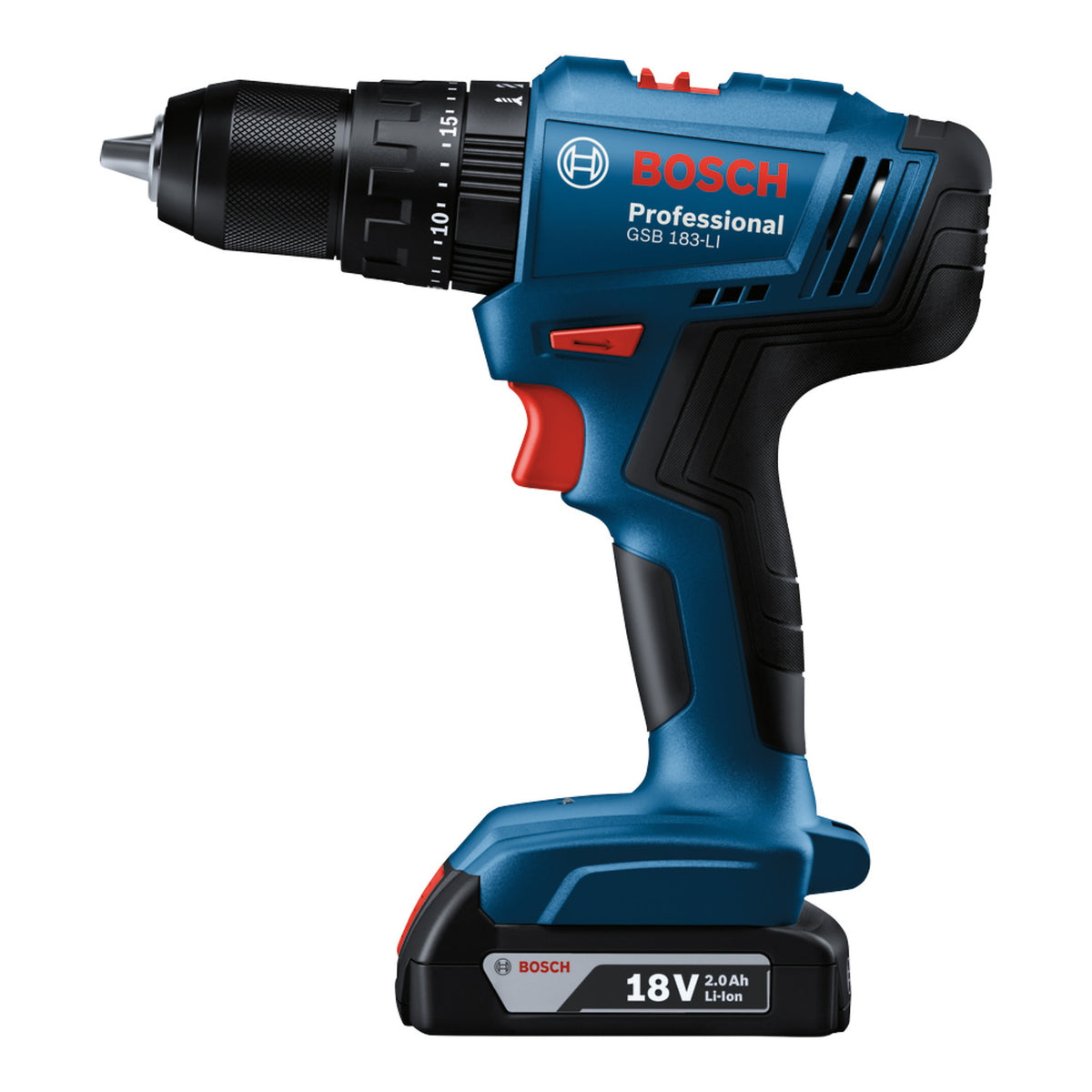 Taladro percutor inalámbrico Bosch GSB 183-LI 18 V con 2 baterías de 2 Ah y cargador — vista 3
