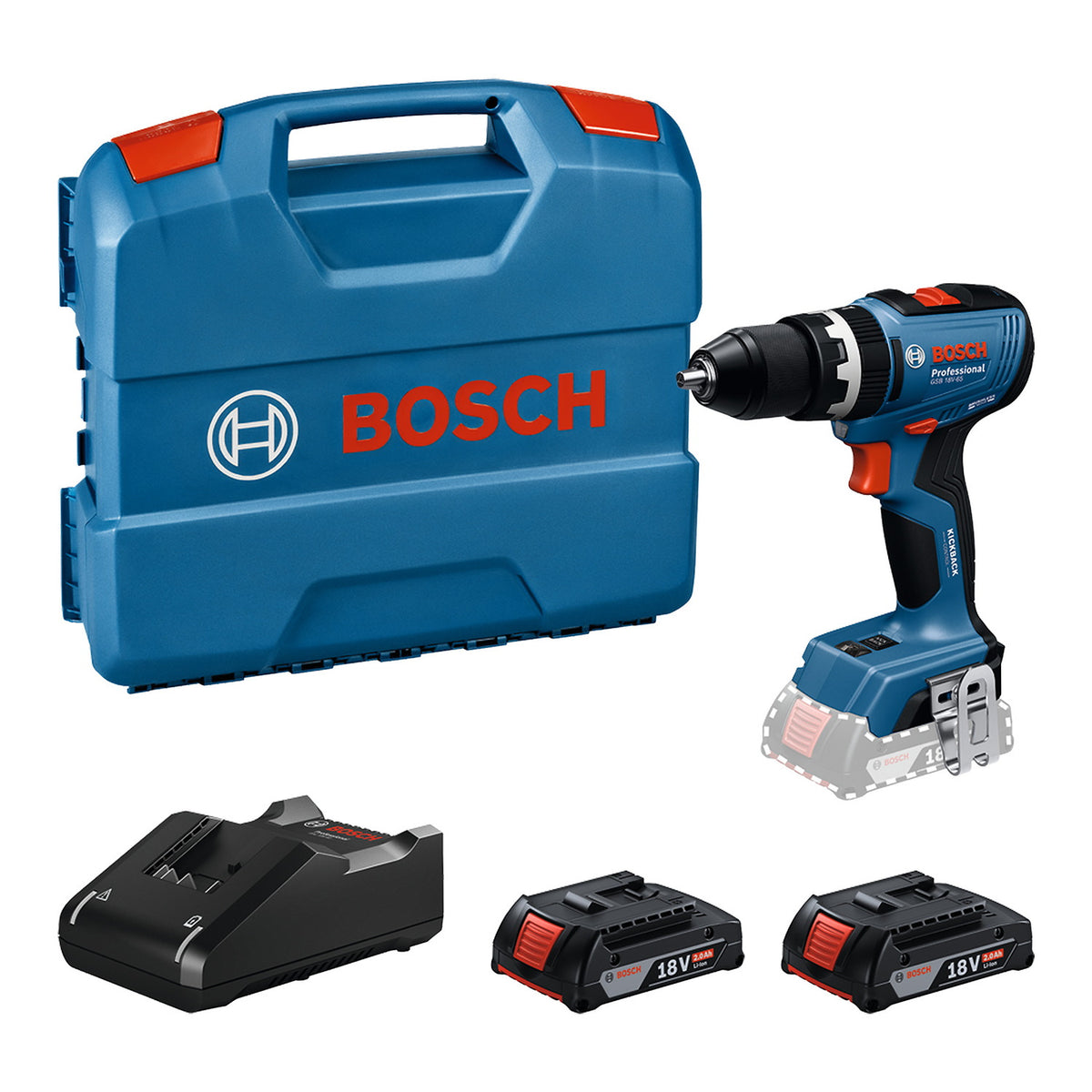 Taladro percutor inalámbrico Bosch GSB 18V-65 con 2 baterías de 2 Ah y cargador — vista 1