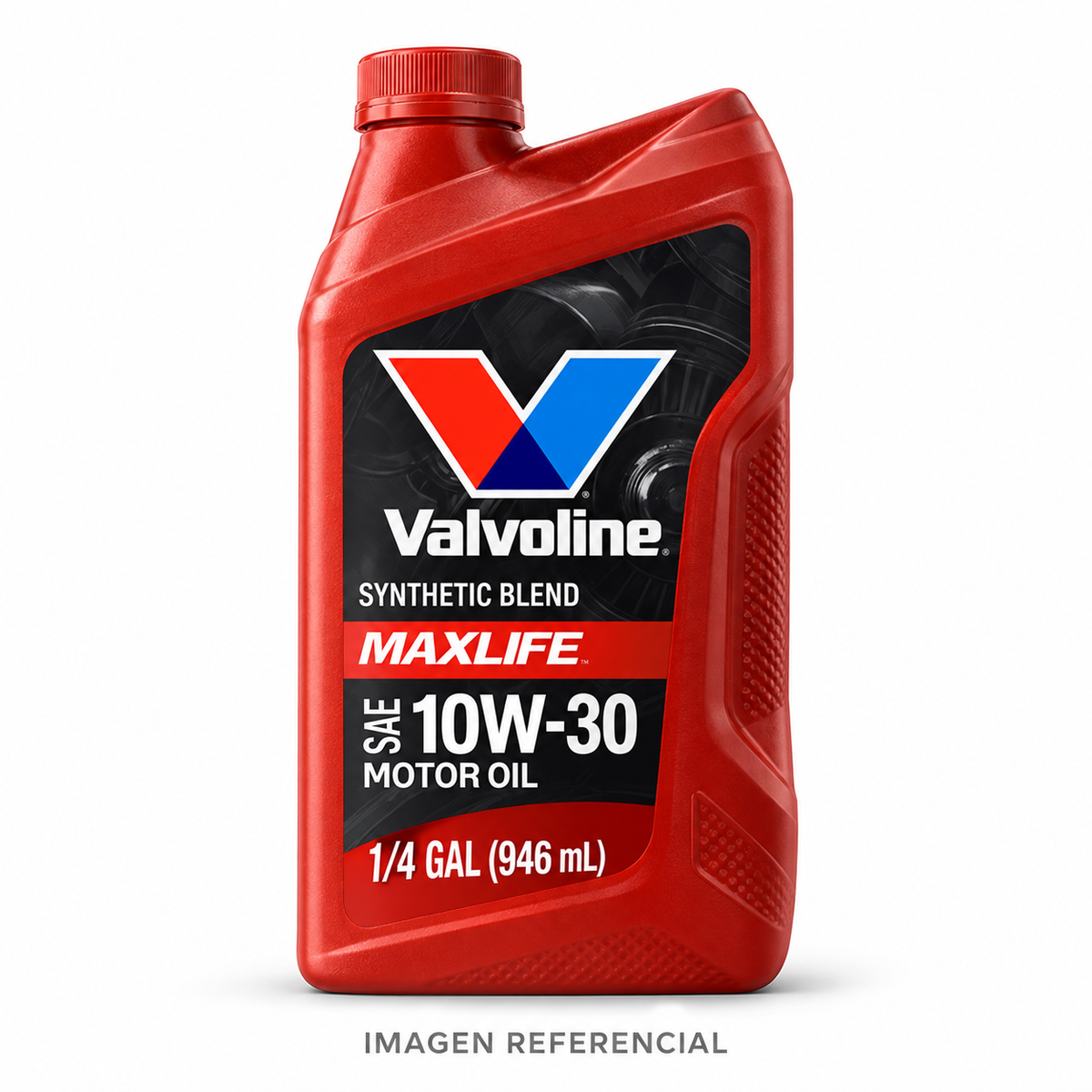 Imagen referencial generada: Valvoline MaxLife 10W-30, 1/4 gal (946 ml). El envase real puede variar.