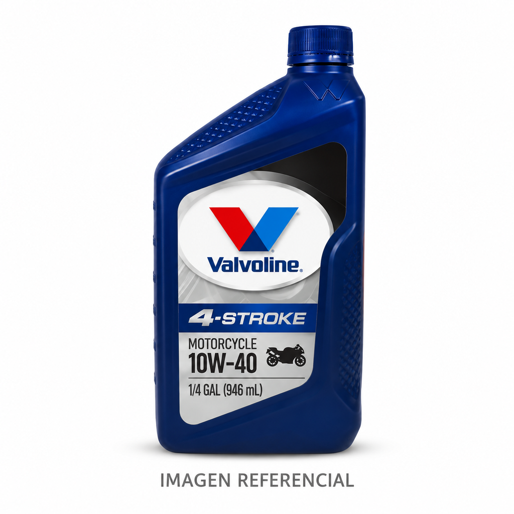 Imagen referencial generada: Valvoline 4-Stroke Motorcycle 10W-40, 1/4 gal (946 ml). El envase real puede variar.