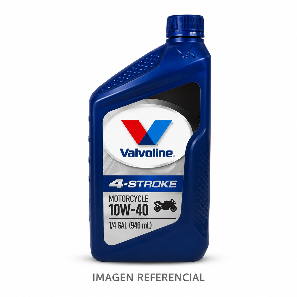 Imagen referencial generada: Valvoline 4-Stroke Motorcycle 10W-40, 1/4 gal (946 ml). El envase real puede variar.
